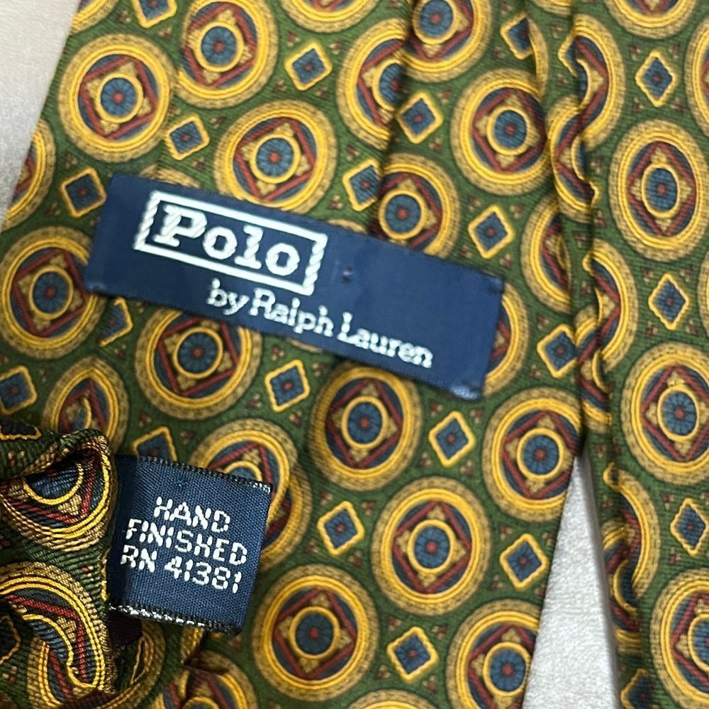 Polo Ralph Lauren Vintage Geometric Circle Print Silk Tie in Green and Gold - Picture 4 of 12